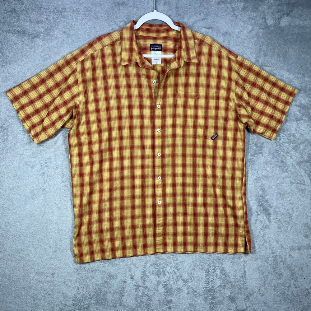 Patagonia Button Up Shirt Mens XL Red Yellow Plaid Short Sleeve Organic Cotton